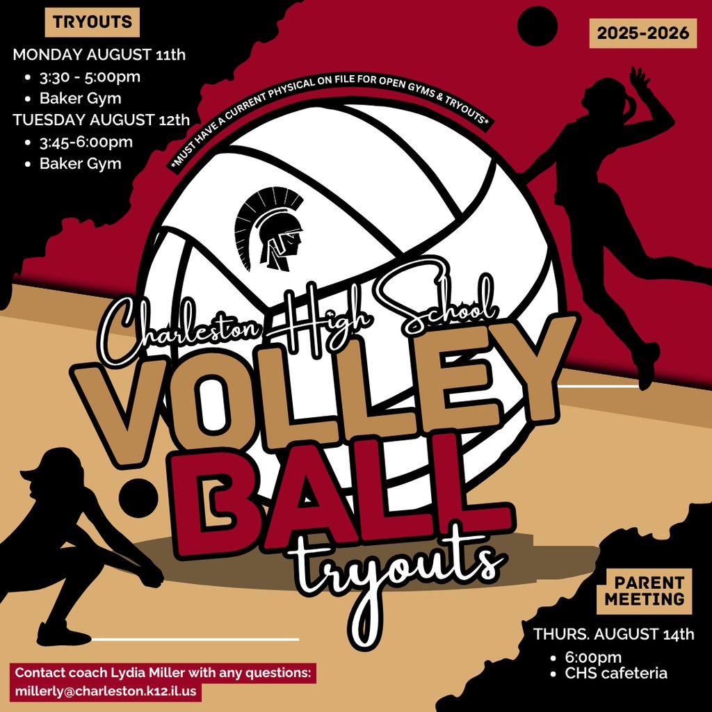 CHS volleyball tryouts will be held Mon. Aug. 11th &amp; Tues. Aug. 12th this year with a parent meeting on Thurs. Aug. 14th as well. Contact Coach Lydia Miller with any questions!