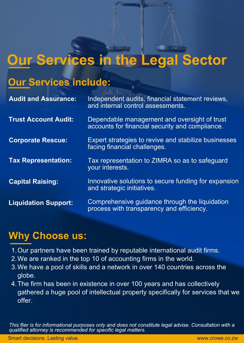 Navigating the legal sector requires precision, trust, and innovation. At Crowe Zimbabwe, we offer unparalleled Audit, Tax, and Advisory services designed to empower legal professionals in tackling financial and operational challenges. Partner with us today!
info@crowe.co.zw