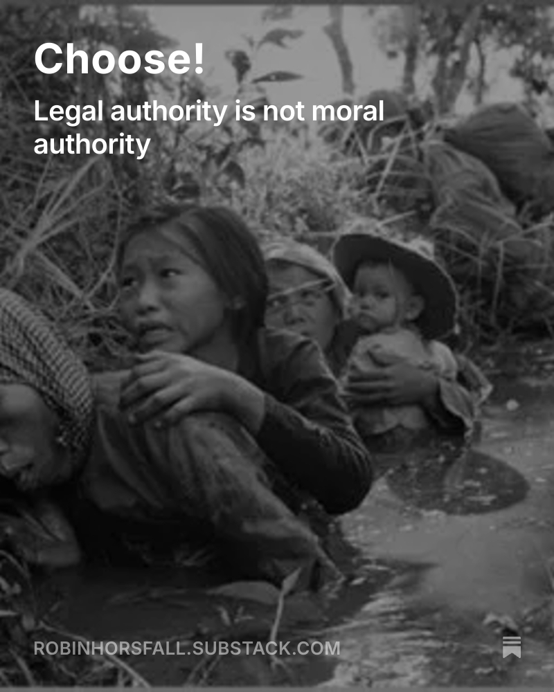 Choose! 

We must all choose! Are we Calley or Thompson, are we the soldier who enjoyed murder, the one who followed meekly, or the one who kept silent and hoped it would all go away? Few of us are heroes, but we can also say ‘no.’

open.substack.com/pub/robinhorsf…