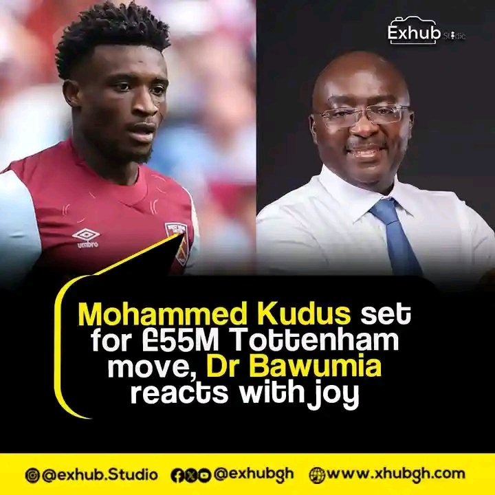 Ekurasicoach's tweet photo. Ghanaian star Mohammed kudus is set to join Tottenham Hotspur in a £55 million move from west Ham United, July 10, 2025. The news has thrilled spurs fan and former vice president Dr. Mahamudu Bawumia , who celebrated the news on social media. https://t.co/09DGfcc8vI