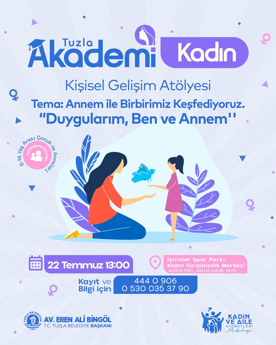 Kişisel Gelişim Atölyesi: Annem ile Birbirimizi Keşfediyoruz ♥️

🤱🏻"Duygularım, Ben ve Annem"

Anneler ve çocuklar için hazırladığımız bu özel atölyede, anneler ve 8-14 yaş arası çocukları birbirlerinin dünyasını yeniden keşfedecek.

🗓️ 22 Temmuz Salı
🕑 13.00
📍 İçmeler Spor