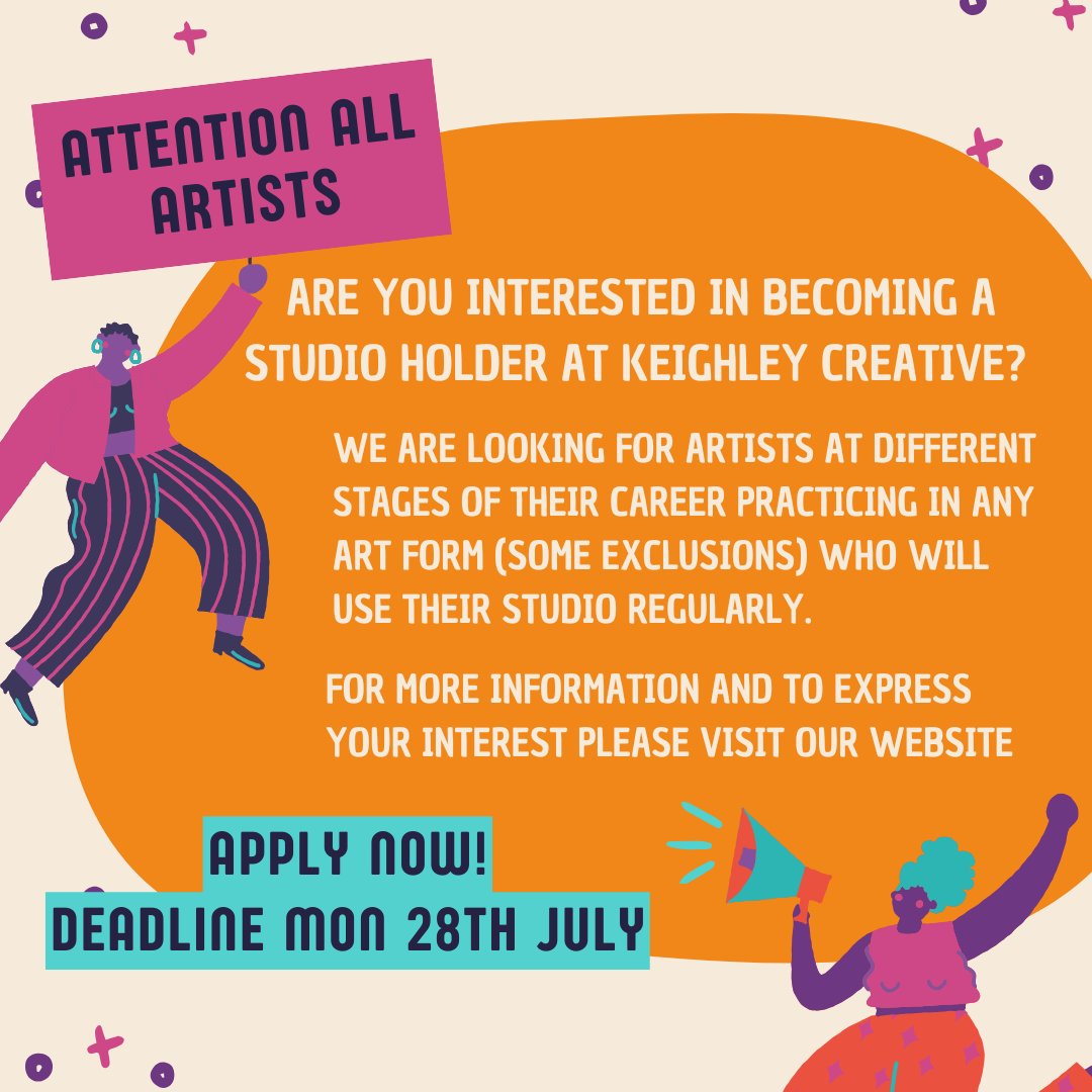 Attention all Artists!

Are you interested in becoming a studio holder at Keighley Creative?
For more information and to express your interest please visit our website keighleycreative.org/artists-studio…

Apply now! Deadline Mon 28th Jul
#keighleycreative #keighley #artiststudios #artists