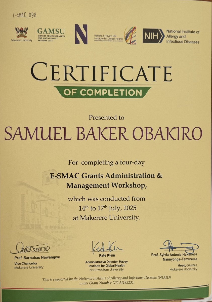 sobakiro's tweet image. I am@elated to share that I successfully completed a four day training in grant administration and management organized by GAMSU @Makerere ! Many thanks to the facilitators from @NorthwesternU and @MakerereCHS