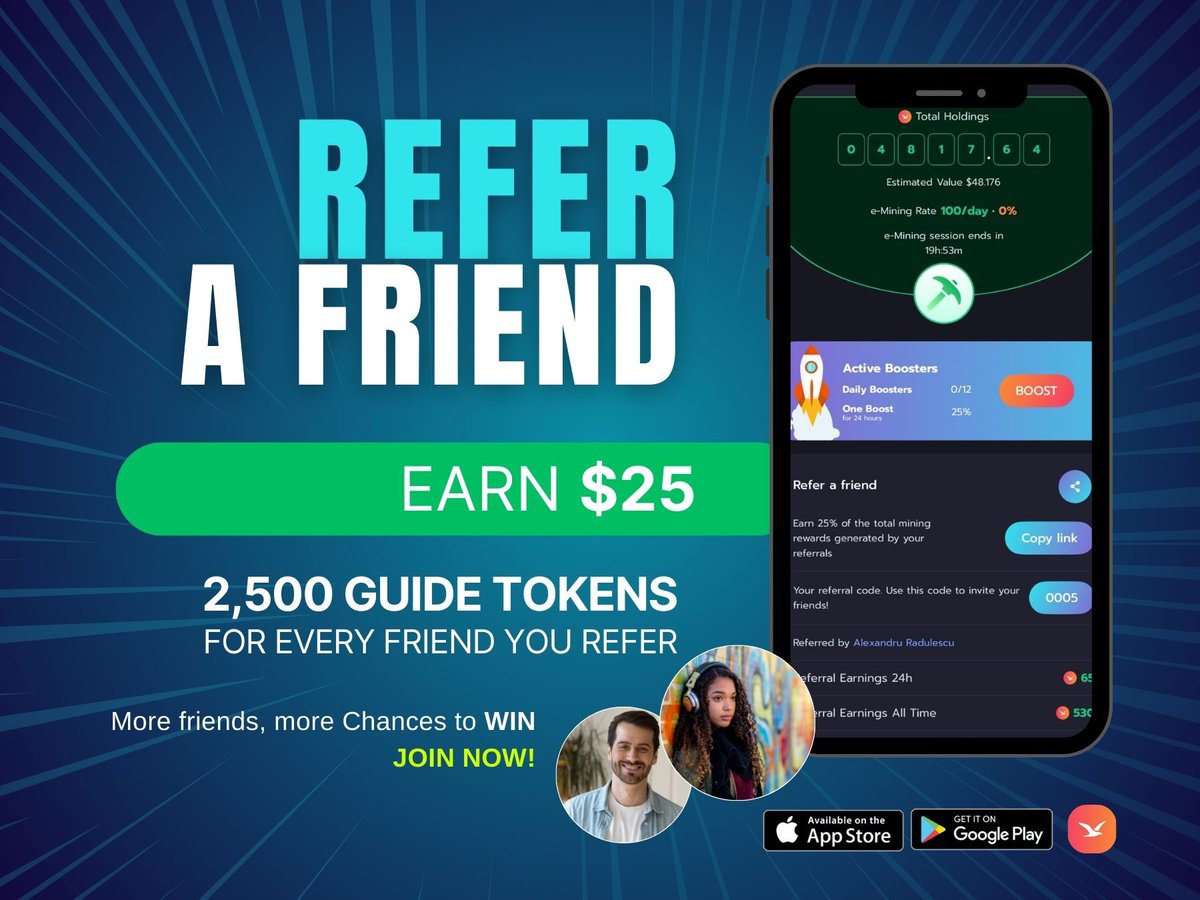 bmy_guide's tweet photo. More friends = more winnings 🤑

💸 25$ (2,500 GUIDE Tokens) for every friend you invite and starts mining on https://t.co/cIOUh7hk92. 

Plus, 25% of everything they mine, instantly &amp; forever!

Get the app, start mining &amp; invite your friends! 
#Solana #Mining https://t.co/DlHh0ThPeO