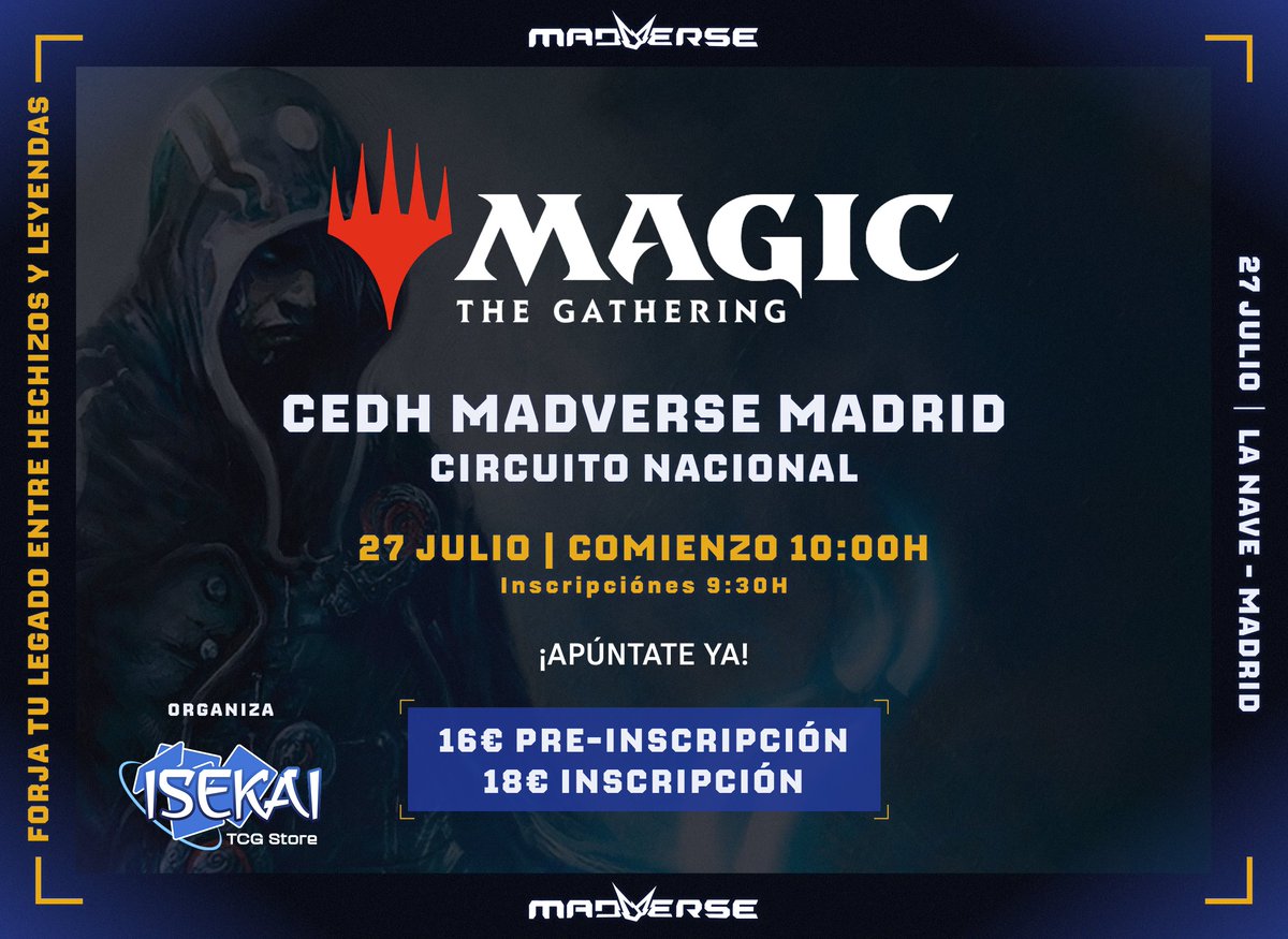 Madverse (@madverse_es) on Twitter photo ¡Magic the Gathering llega a Madverse de la mano de <a href="/ISEKAI_ALCORCON/">Isekai TCG Store</a>! 🧙
¡Isekai estará organizando dentro de Madverse un torneo de CEDH! 🏆
¡Apúntate ya!
🎫 Entradas: my.weezevent.com/magic-the-gath… ¡Magic the Gathering llega a Madverse de la mano de <a href="/ISEKAI_ALCORCON/">Isekai TCG Store</a>! 🧙
¡Isekai estará organizando dentro de Madverse un torneo de CEDH! 🏆
¡Apúntate ya!
🎫 Entradas: my.weezevent.com/magic-the-gath…