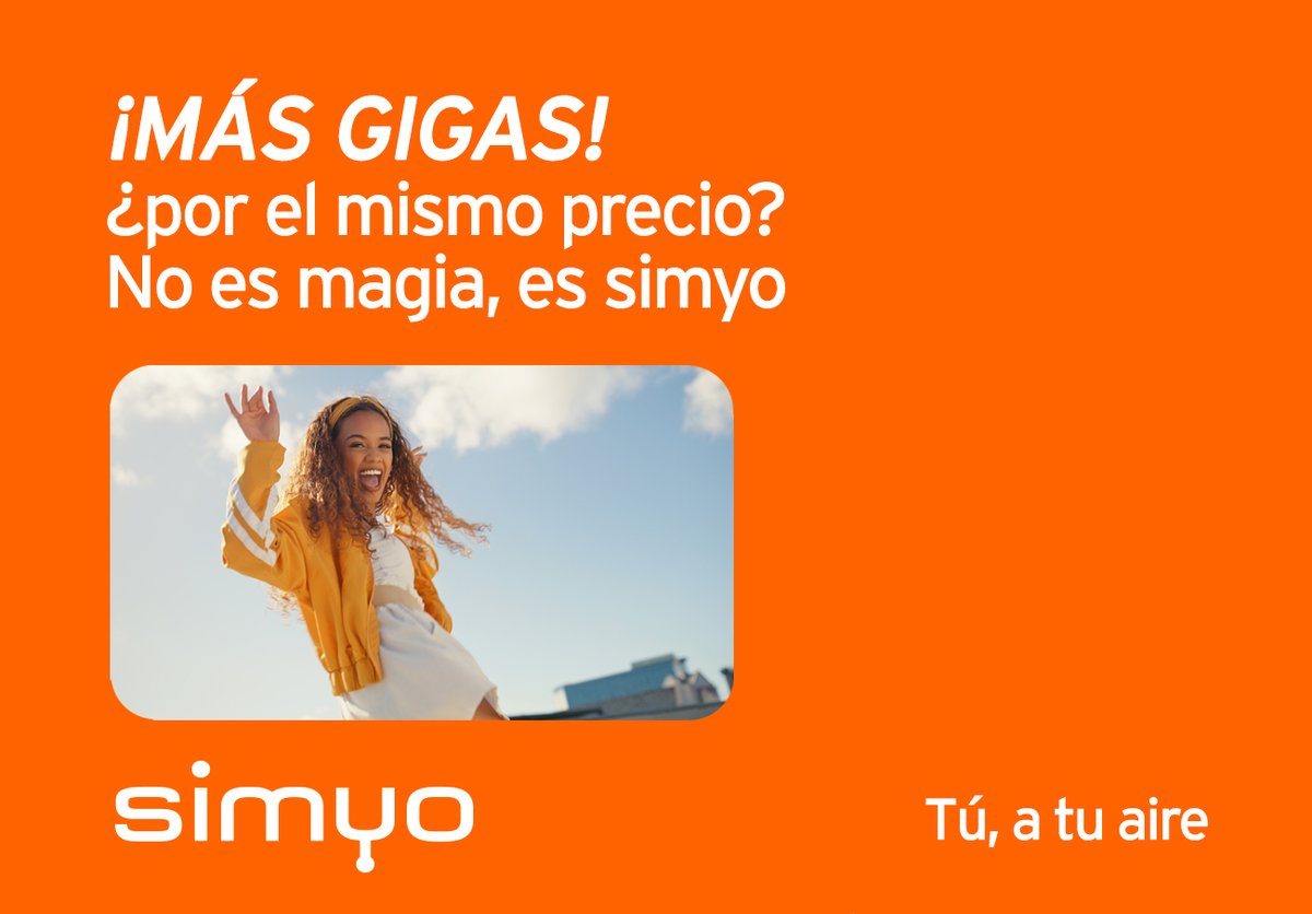 MASORANGE_ES's tweet image. 📢 ¡Buenas noticias en @simyo!
🔝 Mejoramos tus tarifas sin subir el precio
📱 Más gigas para navegar, acumular y compartir
Disponible para tod@s.
blog.masorange.es/marcas/simyo/m…