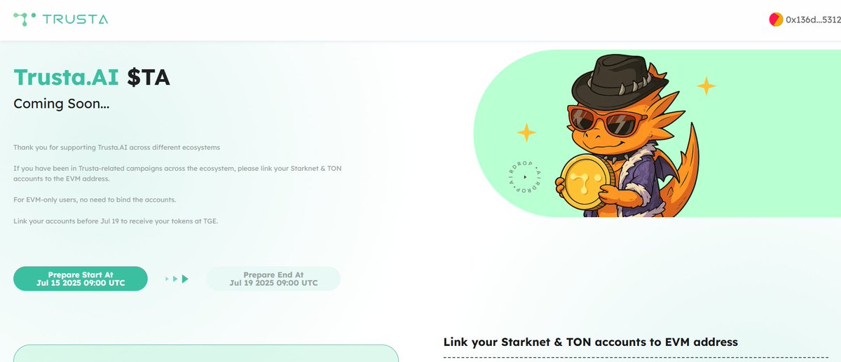 ✨<a href="/TrustaLabs/">Trusta.AI</a> airdrobu için EVM adresinizin yanı sıra StarkNet ve TON hesaplarınızı da 19 Temmuz'a dek bağlamayı unutmayın. 

Link: airdrop.trustalabs.ai/airdrop ✅

Trusta ile ilgili etkinliklere katıldıysanız bu 2 adresteki ödülleriniz de EVM cüzdanınıza eklenecek.