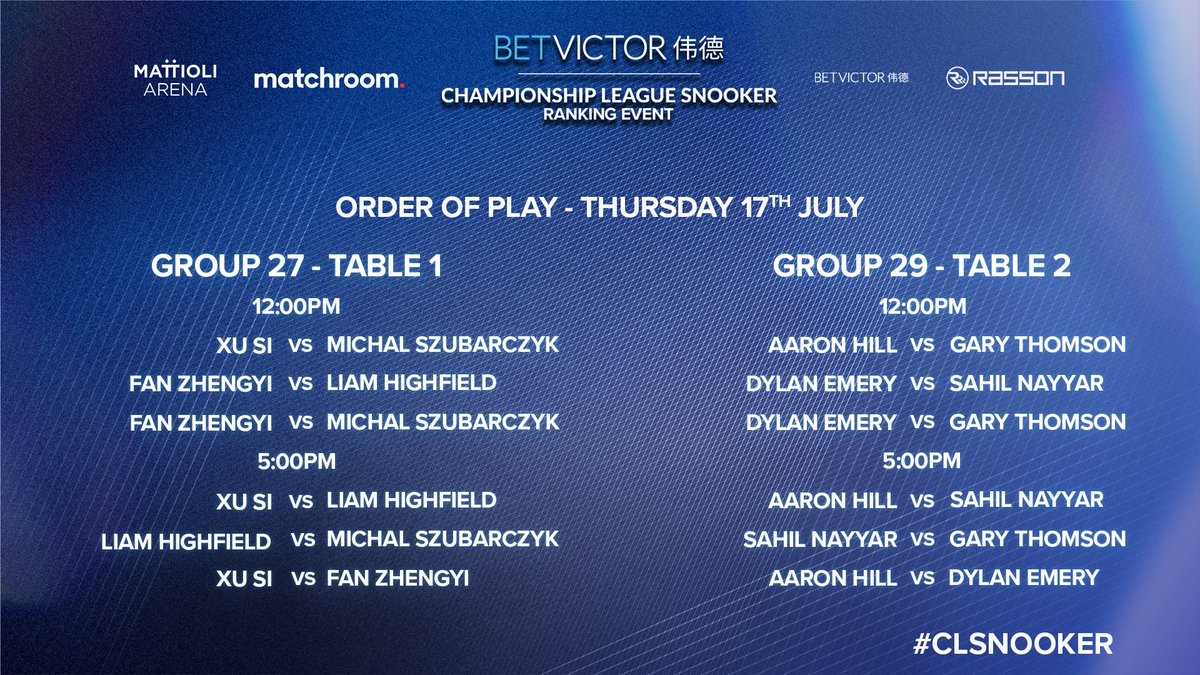 CLSnooker's tweet image. The final groups of Stage One! Who will advance into the next round at the Championship League? 🤩

Watch live on YouTube from 12pm 📺🕛

T1 - Matchroom Pool 
T2 - Matchroom Multi Sport

@BetVictor #CLSnooker