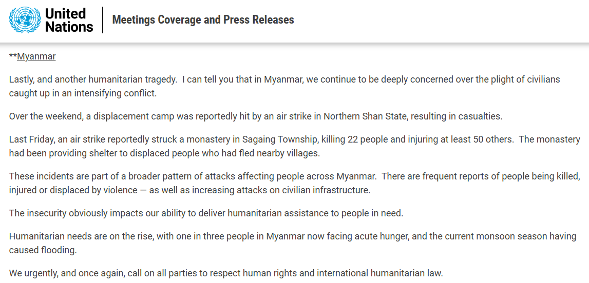 #Myanmar:  "Last Friday, an air strike reportedly struck a monastery in #Sagaing Township, killing 22 people and injuring at least 50 others. The monastery had been providing shelter to displaced people who had fled nearby villages."

press.un.org/en/2025/db2507…