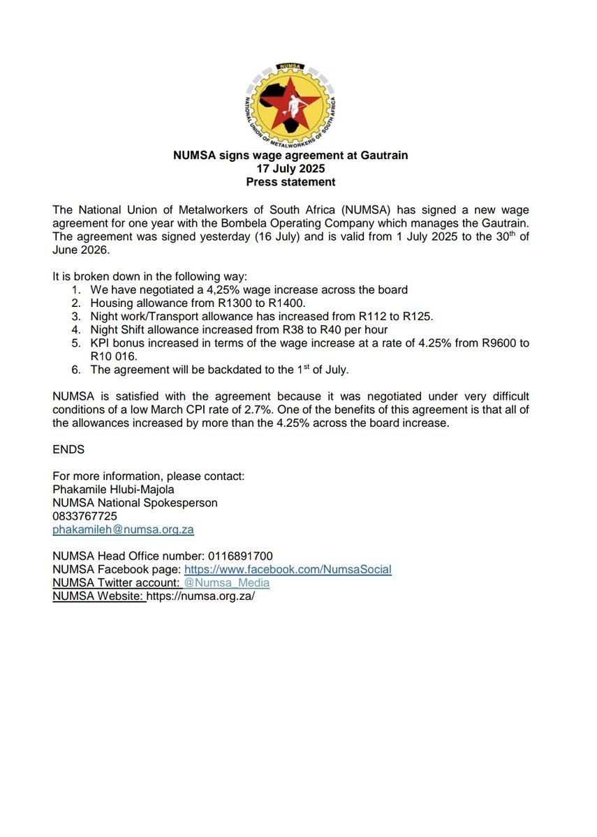 NUMSA signs wage agreement with Gautrain. Details below
#ForTheLoveofTheWorkingClass 
#WorkersUnite 
❤️🖤💛
