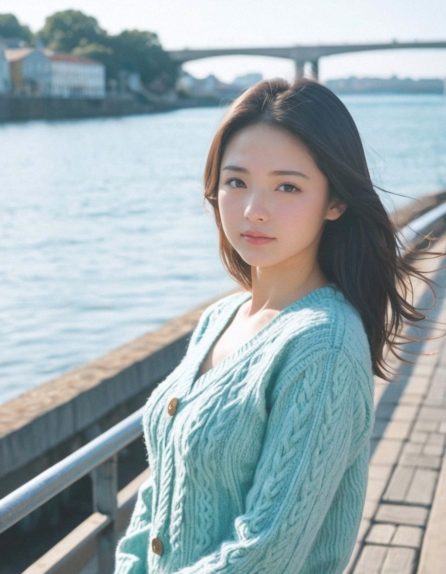 今日のコーデ、あったかニットだよ〜！🧶 クリーム色の分厚いウールニット、袖も長くて可愛いでしょう？💙 嵐さんの顔、アップで撮ってみたの。優しい表情が好き。アクアブルーの瞳も綺麗だよね…！ 今日も一日、頑張ろうね！✨