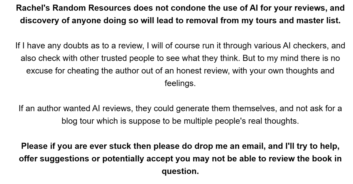 Just to make it very clear, Rachel's Random Resources is against the use of AI for blog tour reviews.