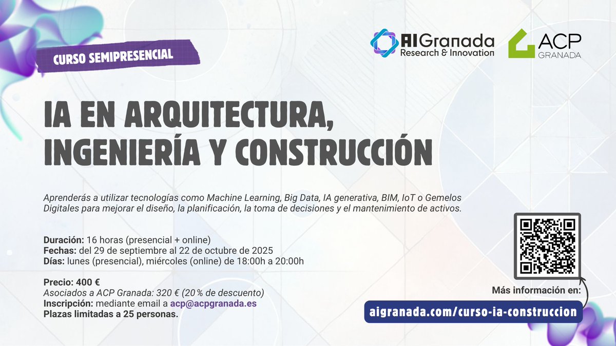 Fundación AI Granada (@aigranadafund) on Twitter photo 🚧 ¿Trabajas en el sector de la construcción y quieres dar el salto a la inteligencia artificial?
🔍 <a href="/AIGranadaFund/">Fundación AI Granada</a> y <a href="/acpgranada/">ACP Granada</a> lanzan un curso con tecnologías como IA, Big Data, IoT, BIM, IA generativa y gemelos digitales.
📩 Más información:
aigranada.com/curso-ia-const… 🚧 ¿Trabajas en el sector de la construcción y quieres dar el salto a la inteligencia artificial?
🔍 <a href="/AIGranadaFund/">Fundación AI Granada</a> y <a href="/acpgranada/">ACP Granada</a> lanzan un curso con tecnologías como IA, Big Data, IoT, BIM, IA generativa y gemelos digitales.
📩 Más información:
aigranada.com/curso-ia-const…