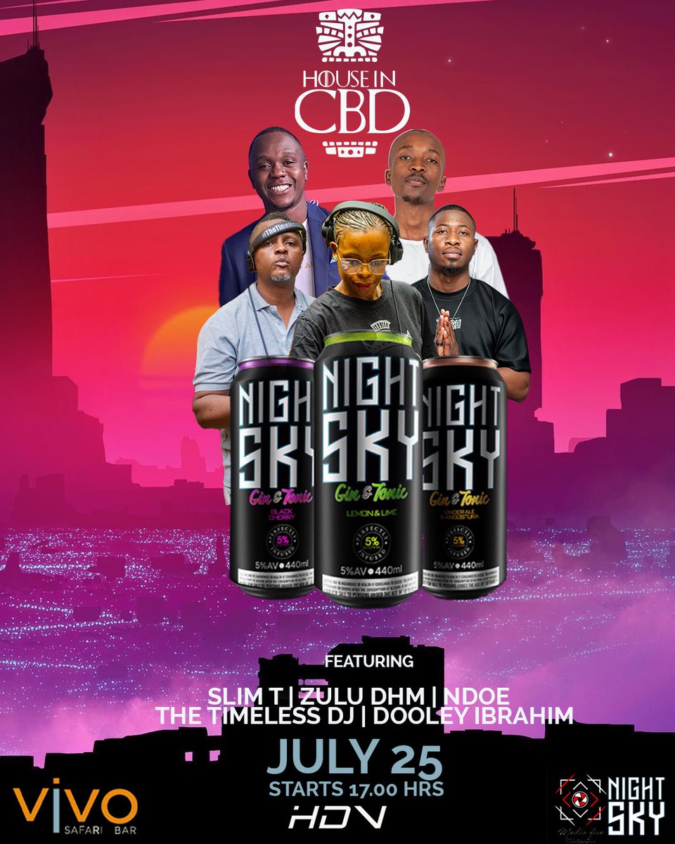 House in CBD is going down July 25th at Vivo Safari Bar! 🚀 

Featuring a stellar lineup and Night Sky Gin &amp; Tonic. Be there from 5 PM! 

#NightOut #GinAndTonic #CBDParty #bulawayo