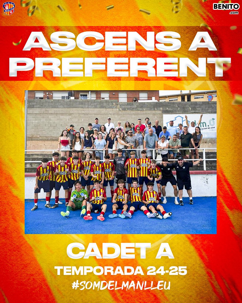 Gràcies a l'excel·lent temporada del nostre Cadet A, tenim nou equip a Preferent! El cadet sub15 jugarà a Preferent la temporada 25-26.
Un èxit més del nostre Futbol Base❤️‍🔥
🟡🔴 #aecmanlleu #somdelmanlleu