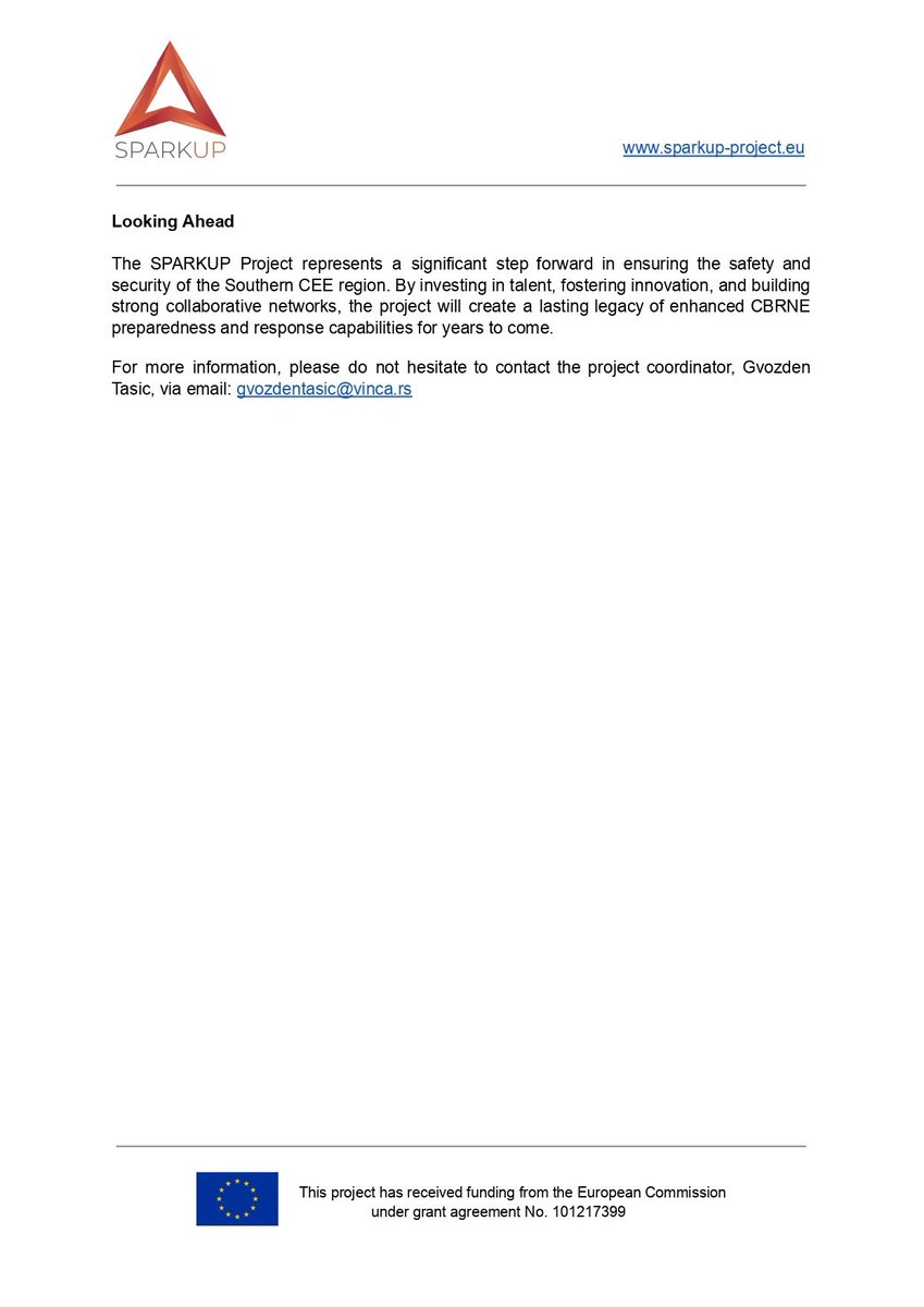 SparkUp Project EU (@sparkup_project) on Twitter photo The <a href="/sparkup_project/">SparkUp Project EU</a> Kick-Off Meeting Press Release is Live! 🚀
SPARKUP's mission is to tackle growing #CBRNE risks in the Southern CEE region by strengthening preparedness, fostering collaboration, and building a skilled workforce.
#SPARKUP #SPARKUPProjectEU The <a href="/sparkup_project/">SparkUp Project EU</a> Kick-Off Meeting Press Release is Live! 🚀
SPARKUP's mission is to tackle growing #CBRNE risks in the Southern CEE region by strengthening preparedness, fostering collaboration, and building a skilled workforce.
#SPARKUP #SPARKUPProjectEU
