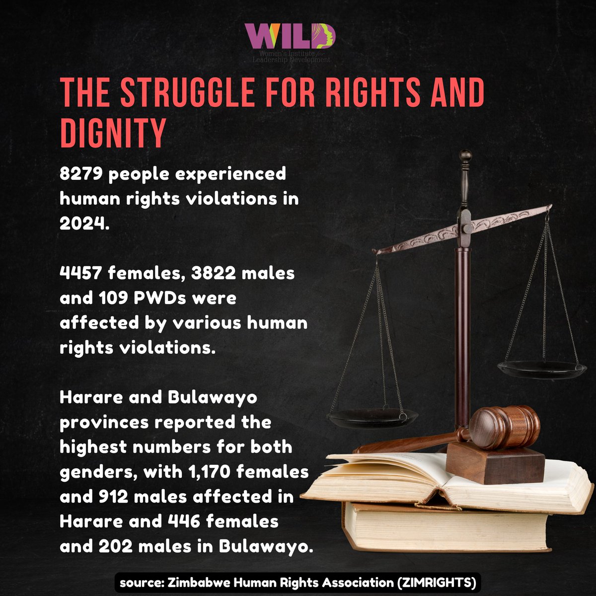 wildtrustzim's tweet image. In 2024, Zimbabwe Human Rights Association (ZimRights) reported at least 8,279 cases of human rights violations, indicating a decline in democratic freedoms in the country.
4457 females, 3822 males & 109 PWDs were affected by various human rights violations.
#HumanRights4All