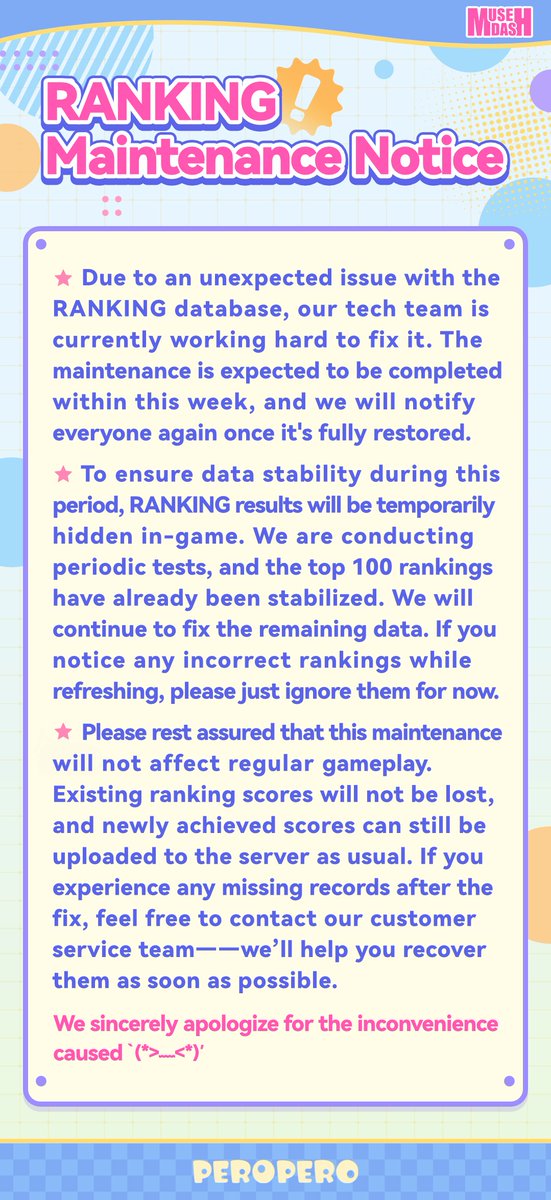 MuseDash_EN's tweet image. RANKING Maintenance Notice!