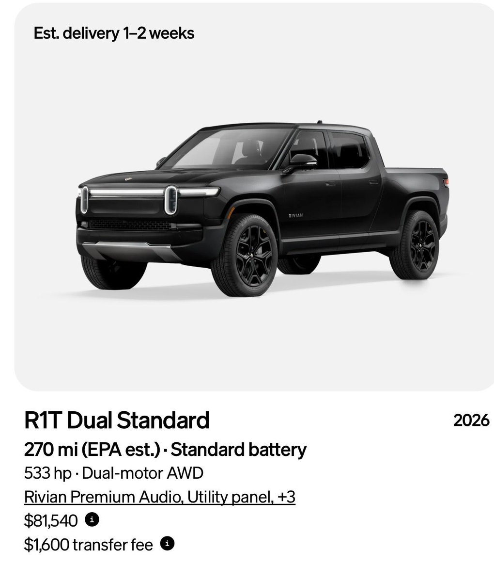 Hilbe's tweet image. **Rivian 2026 Model Year Inventory Update**
Rivian has dropped a bunch of model year 2026 inventory on the R1 Shop!
R1S: rivian.com/configurations…
R1T: rivian.com/configurations…