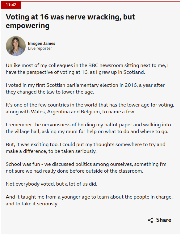 The voting age is changing in England and Northern Ireland, bringing it in line with Wales and Scotland. 

Of course for some, like me, voting at 16 isn't new - I grew up in Scotland.

Here's my take, and live updates below: bbc.co.uk/news/live/c93k…