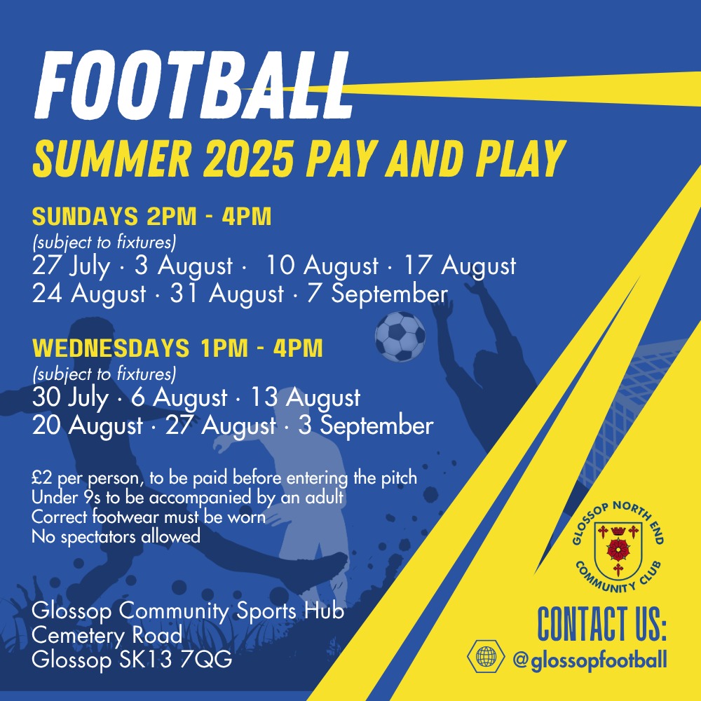 ⚽ Summer Pay &amp; Play football at Glossop Community Sports Hub! Just £2 per person.

📅 Sundays 2–4pm (from 27 July)
📅 Weds 1–4pm (from 30 July)
 Subject to fixtures

👟 Correct footwear
👶 U9s with adult
🚫 No spectators

#Glossop #LoveTheGame