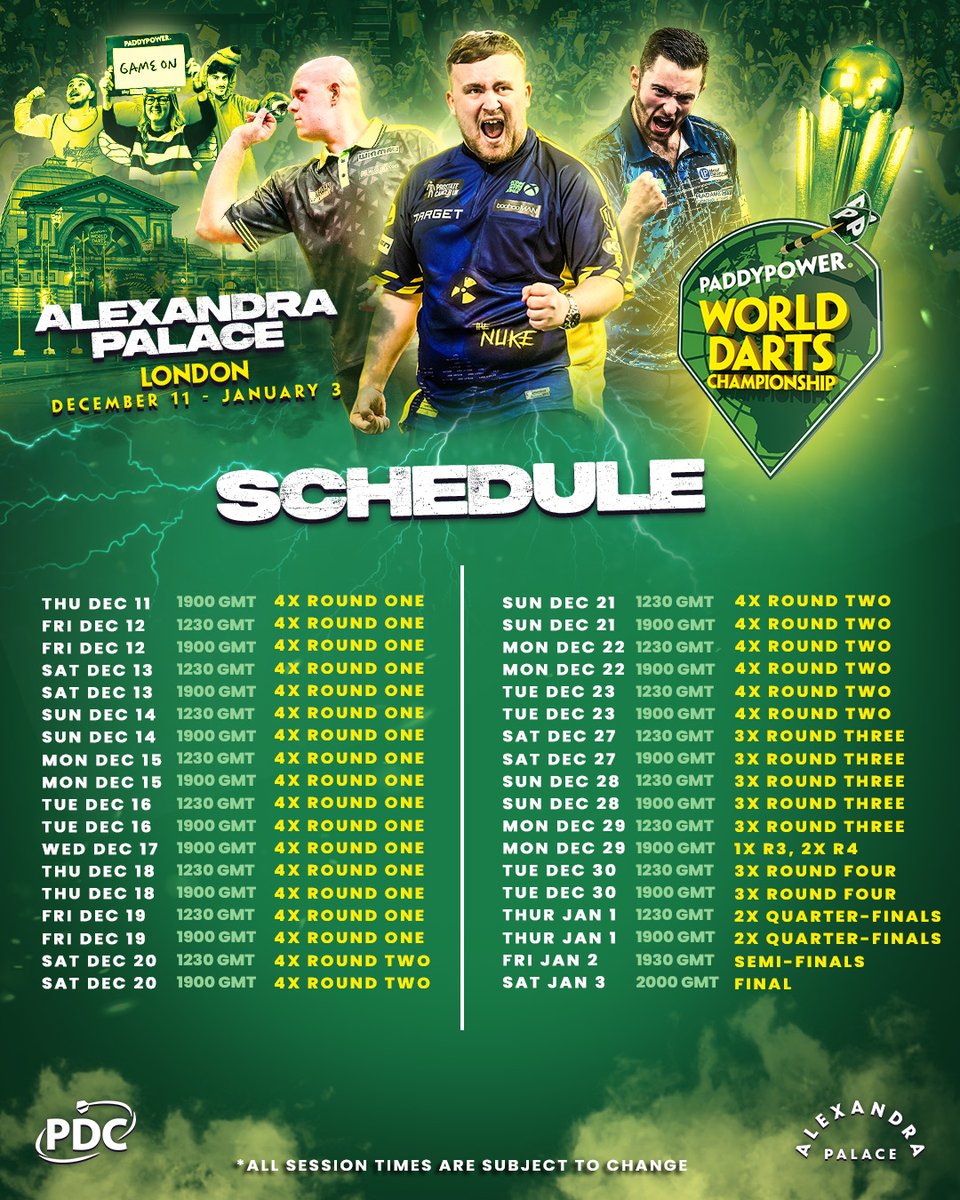 PDC Darts (@officialpdc) on Twitter photo 🗓️ The 2025/26 <a href="/paddypower/">Paddy Power</a> World Darts Championship schedule is here! 🎯
🔥 100,000+ fans
🏆 £5 million prize fund
🎟️ 36 unmissable sessions
📅 20 days of pure darting drama
💥 180s, walk-ons & fancy dress fun
The countdown starts here 👉 bit.ly/WDCschedule 🗓️ The 2025/26 <a href="/paddypower/">Paddy Power</a> World Darts Championship schedule is here! 🎯
🔥 100,000+ fans
🏆 £5 million prize fund
🎟️ 36 unmissable sessions
📅 20 days of pure darting drama
💥 180s, walk-ons & fancy dress fun
The countdown starts here 👉 bit.ly/WDCschedule