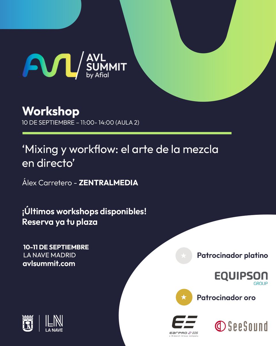 AVL SUMMIT 🔗 'Mixing y workflow: el arte de la mezcla en directo', con Álex Carretero / <a href="/ZentralMedia/">Zentralmedia</a>. Regístrate en nuestra web para asistir al workshop. ¡Plazas limitadas! 📲
⏱️ 11:00 - 14:00 (Aula 2).
📅 10 de septiembre de 2025.
📍 <a href="/LaNaveMadrid/">La Nave</a>.
👉 avlsummit.com