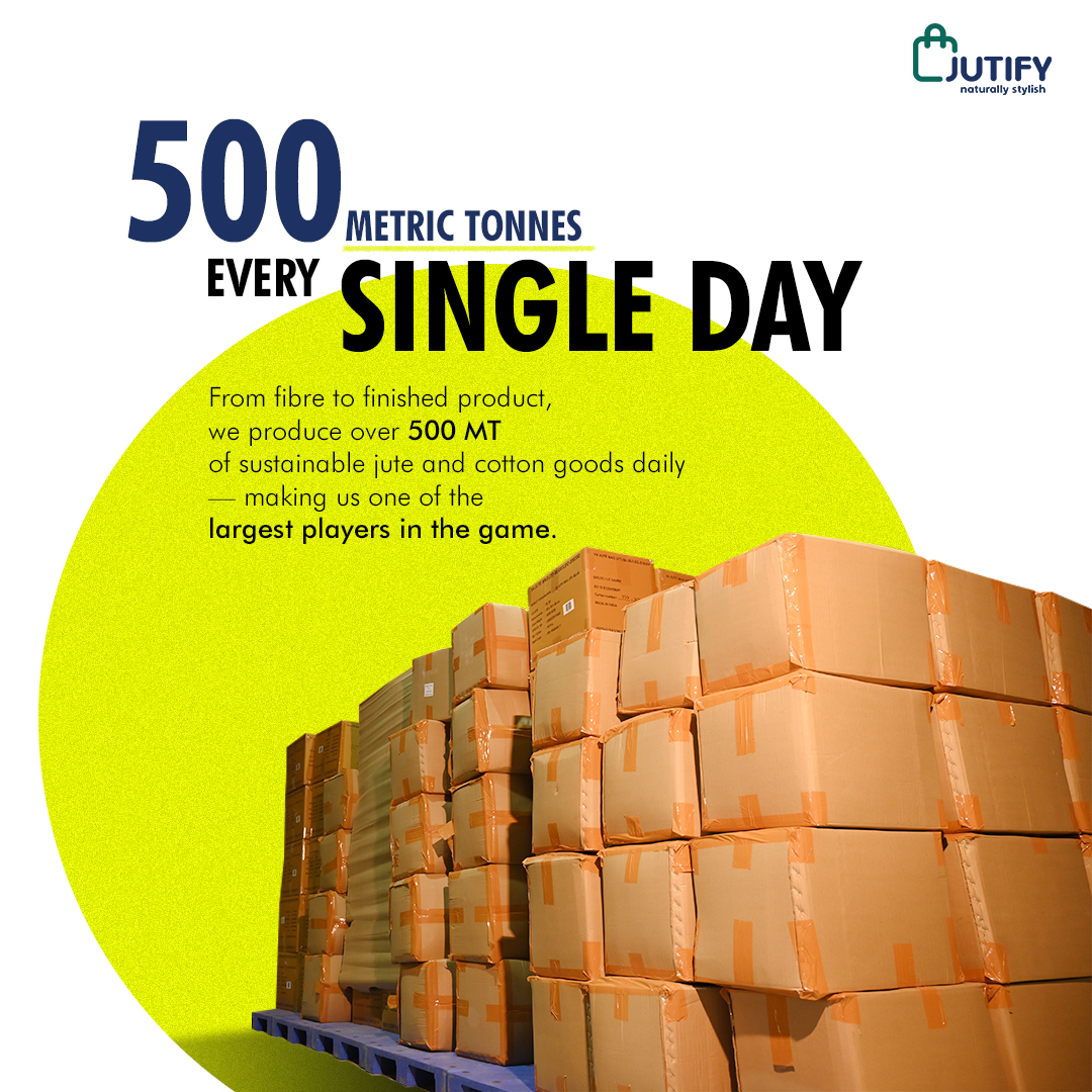 JutifyLifestyle's tweet photo. Scale + Sustainability = Impact.
With 4 mills and 18,000+ team members, we produce over 500 MT of jute goods every single day. Here’s what that means for global conscious consumption. 

#JutifyScale #MassWithMeaning #FibreToFuture #verticallyintegrated https://t.co/gV7Shj1FbL