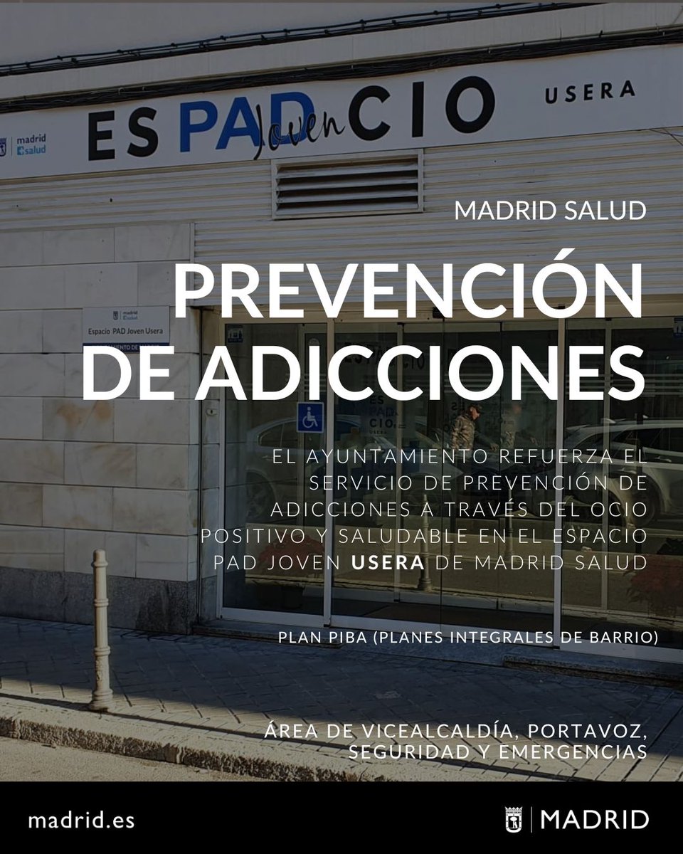 3️⃣ Prevención de adicciones

El Ayuntamiento refuerza el servicio de prevención de adicciones a través del ocio positivo y saludable en el Espacio PAD Joven Usera de Madrid Salud.

👉 diario.madrid.es/blog/notas-de-…