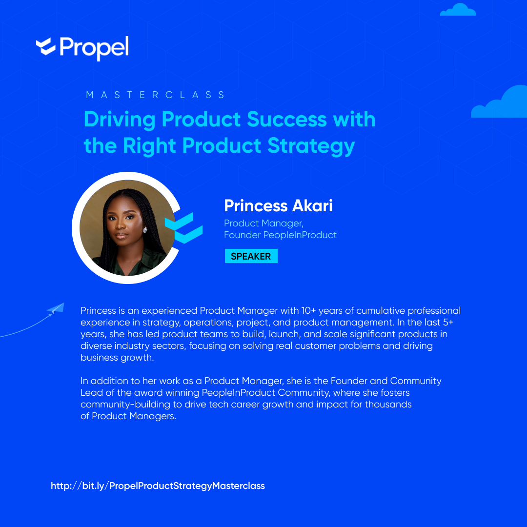 Propel HQ (@withpropel) on Twitter photo Some products win. Some just exist.
The difference? Strategy that works.
Join <a href="/thekitoye/">Princess Akari 🖤</a> avid Product Leader & Founder, <a href="/peopleinproduct/">People In Product</a> and Olabanji Enwela, seasoned Product Leader & Co-founder, <a href="/enoverlab/">enoverlab | Product Management Institute</a>
for a masterclass on building product strategies that deliver. Some products win. Some just exist.
The difference? Strategy that works.
Join <a href="/thekitoye/">Princess Akari 🖤</a> avid Product Leader & Founder, <a href="/peopleinproduct/">People In Product</a> and Olabanji Enwela, seasoned Product Leader & Co-founder, <a href="/enoverlab/">enoverlab | Product Management Institute</a>
for a masterclass on building product strategies that deliver.