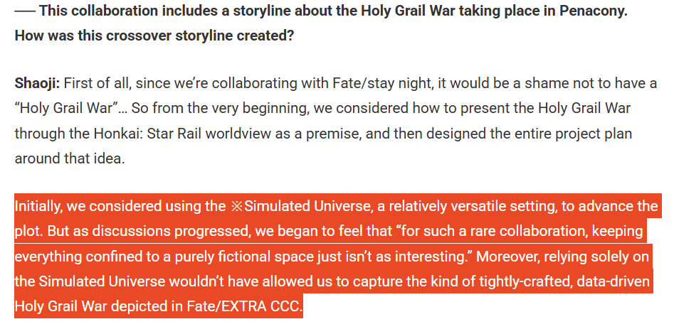sU3n2_'s tweet photo. An article of HSR Fate collab between Shaoji and Nasu Kinoko on 8th July 2025:
https://t.co/CIWwyy0Xen

Simulated Universe was the original design, the safer design, and got scrapped so fast, before the draft was sent.
Shaoji managed to troll Nasu Kinoko without even trying to.🥀 https://t.co/DmybmWTL8S