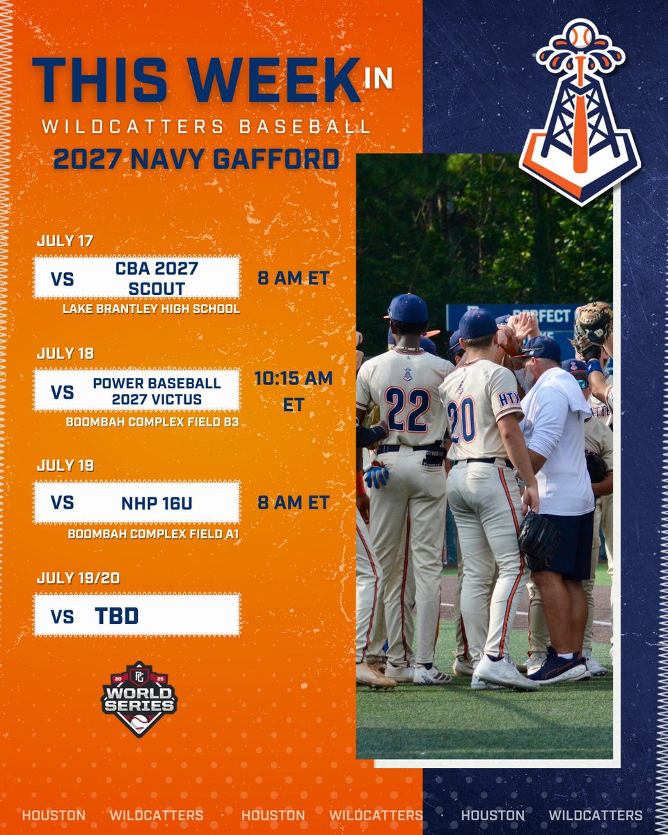 Wildcatters High School (@wildcattershs) on Twitter photo 16U WORLD SERIES
2027 Navy Barron and Gafford start play at PG 16U World Series in Sanford, FL today.
Barron plays at 10:15 AM ET at Boombah Field B4 and Gafford plays at 8 AM ET at Lake Brantley HS.
<a href="/WildcattersBB/">Wildcatters Baseball</a> | <a href="/AmbresChip/">Chip Ambres</a> | <a href="/K5vinWitt/">Kevin Witt</a> | <a href="/eloscarin_89/">oscar barron</a> | <a href="/cory_gafford/">Cory Gafford</a> | 16U WORLD SERIES
2027 Navy Barron and Gafford start play at PG 16U World Series in Sanford, FL today.
Barron plays at 10:15 AM ET at Boombah Field B4 and Gafford plays at 8 AM ET at Lake Brantley HS.
<a href="/WildcattersBB/">Wildcatters Baseball</a> | <a href="/AmbresChip/">Chip Ambres</a> | <a href="/K5vinWitt/">Kevin Witt</a> | <a href="/eloscarin_89/">oscar barron</a> | <a href="/cory_gafford/">Cory Gafford</a> |