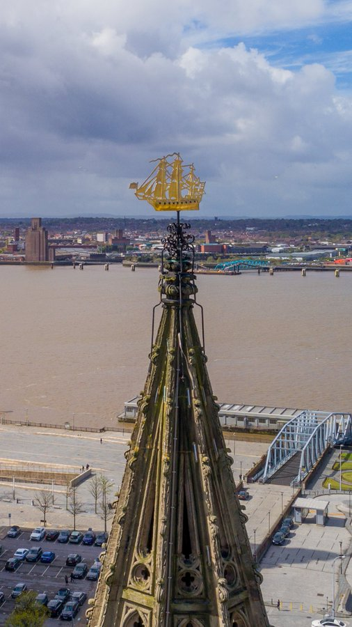 GRDonald's tweet photo. The spire and gilded ship's weather vane  of Our Lady and St Nicholas Church - one of the places in Exchange Flags - the first book in the Spencer Elektra trilogy https://t.co/mWE9l78z6h #crimefiction #historicalfiction #bookstagram #Liverpool https://t.co/nDYKZ4VOQz