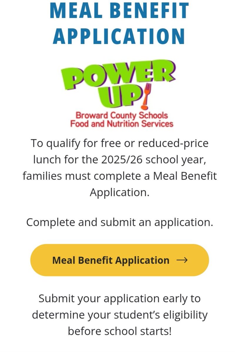 The first day of school is almost here! Please visit browardschools.com/bcps-departmen… and complete the free and reduced lunch application. Time is ticking. See you guys soon!