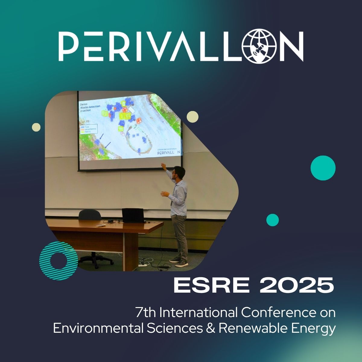 At the 7th International Conference on Environmental Sciences and Renewable Energy (ESRE), Luca Morandini from <a href="/polimi/">Politecnico di Milano</a> presented how #PERIVALLON uses Geospatial AI and drone imagery to detect and classify waste. 

Insights from our Pilot Use Case in Calvarina were also presented.