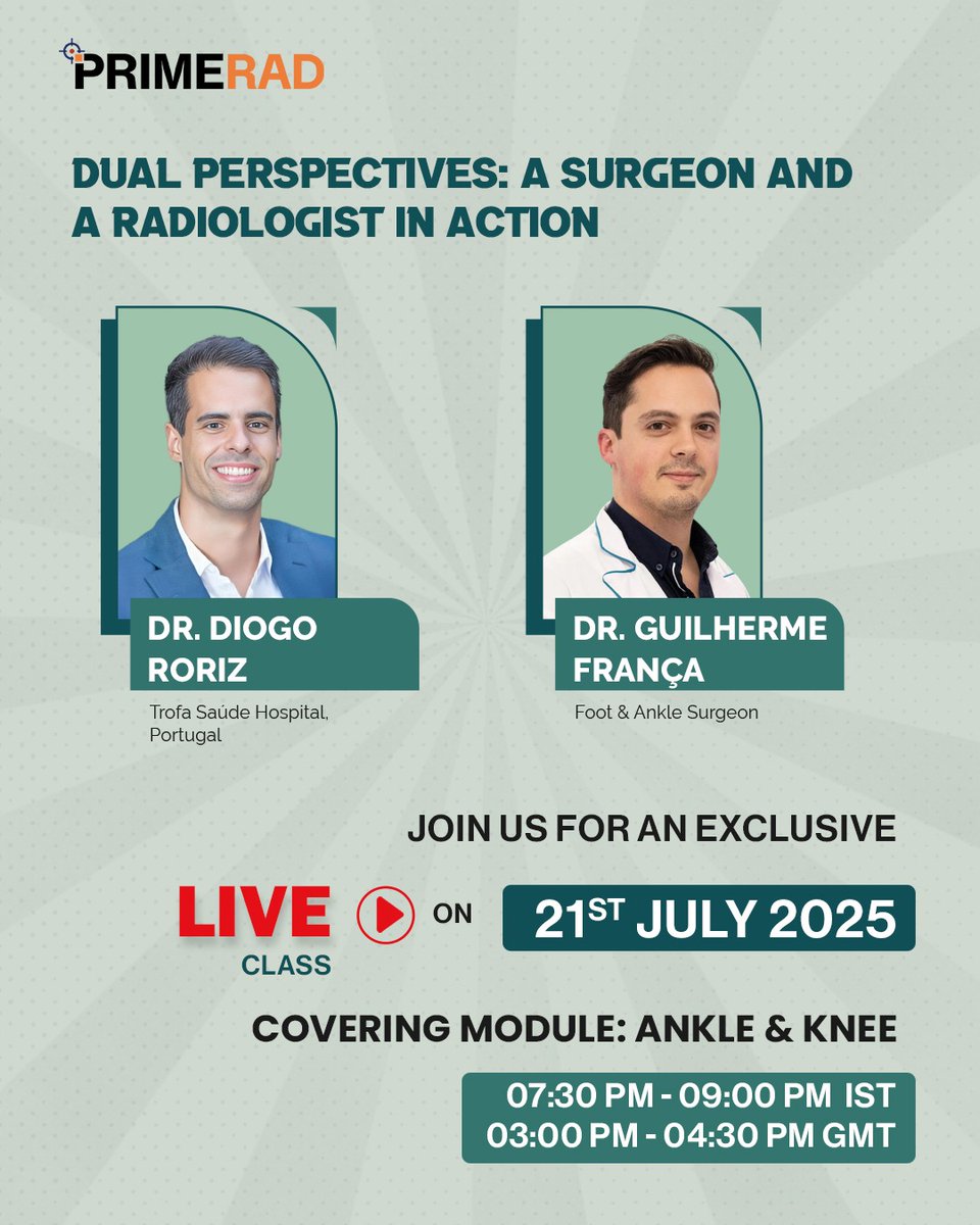PrimeFellowship's tweet image. 📢 We’re excited to bring you a special combined session for Batches 1, 2 &amp;amp; 3 – a Bonus Live Lecture that offers something truly unique!

Join us for an incredible learning experience featuring both a #Radiologist Dr. Diogo Roriz, and a #Surgeon Dr. Guilherme Franca. 

#LiveClass