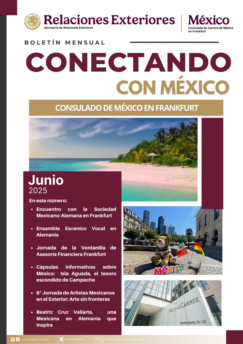 📰¡Ya está disponible nuestro boletín Conectando con #México🇲🇽 del mes de junio!
🖊️Conoce a una Mexicana en Alemania que inspira, Beatriz Cruz Vallarta 
📇No te pierdas las actividades más destacadas del Consulado
🗞¡Comparte!⤵️ 
portales.sre.gob.mx/saladeprensa/l…