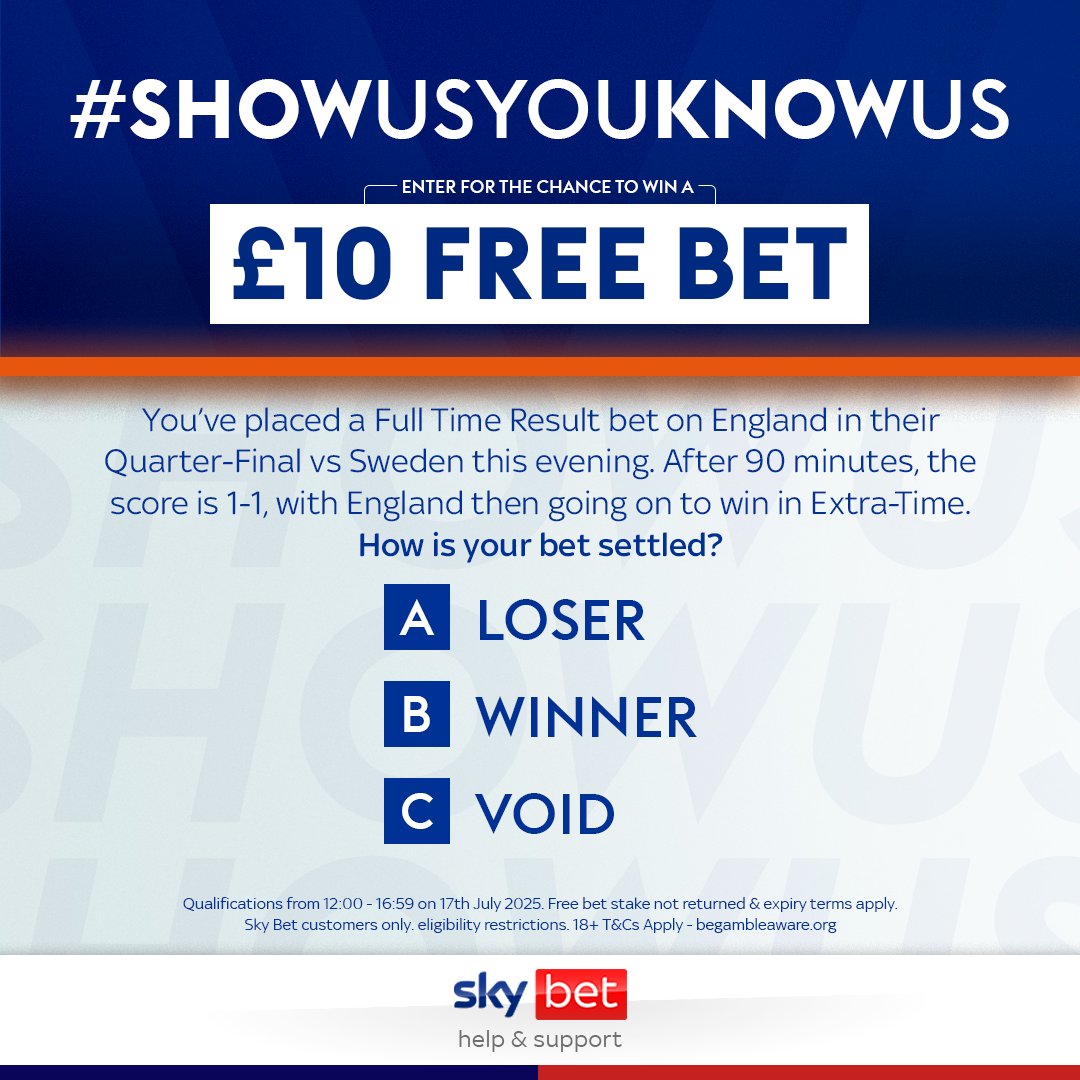 SkyBetHelp's tweet image. π Follow SkyBetHelp & reply with the correct answer using #ShowUsYouKnowUs to be in with a chance of winning a free bet!
π€ We're giving away a Β£10 free bet per 50 entrants!
β Open until 5pm
π T&C's: ms.spr.ly/6012ogWSw
