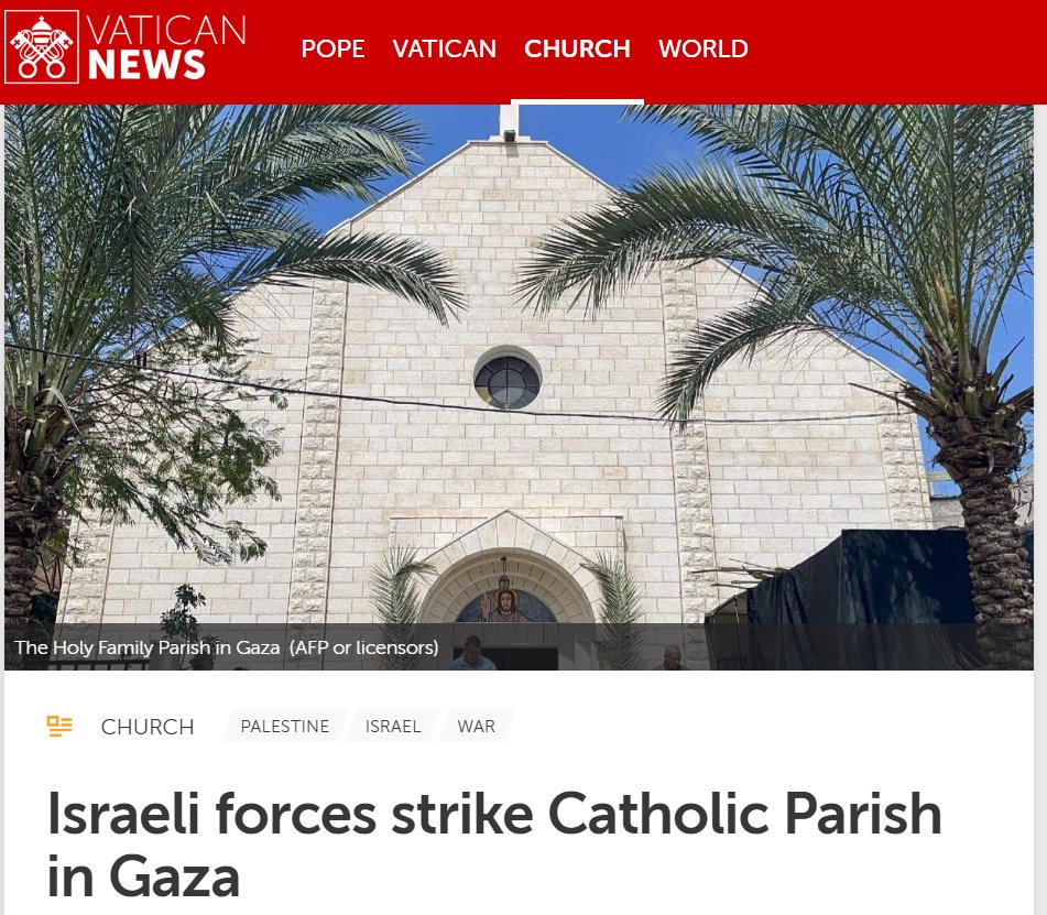 Ein #israel|ischer Panzer hat heute die einzige katholische Kirche in #Gaza angegriffen. In der Holy Family Church suchten Kinder mit Behinderung Schutz.

Durch den Anschlag wurden mehrere Personen verletzt, haupts. Frauen und Kinder sowie der Pfarrer, 2 schweben in Lebensgefahr.