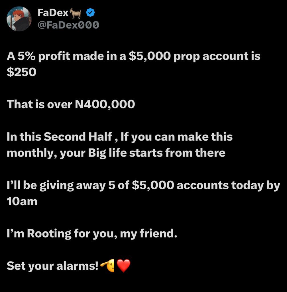 GIVEAWAY ALERT 🚨🚨!!

5 X 5000$ Evaluation account! 

 • follow  <a href="/FaDex000/">FaDex🐐</a> <a href="/BBFNigeria/">Blueberry Funded Nigeria</a> <a href="/BlueberryFunded/">Blueberry Funded</a> || <a href="/BeaTrades_/">LADY B❤️</a> ||<a href="/KelvinCassie3/">BIGCASSI€</a> || <a href="/DukeDarls/">BIG DUKE</a> 

•Like and retweet post 

•Tag 3 people  

• like and retweet quoted post 

•winners in 72hours