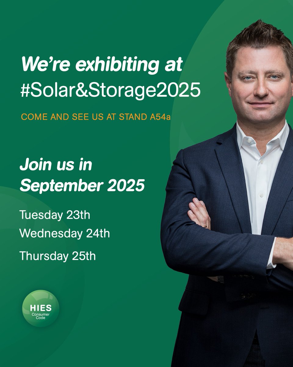 🔊 HIES is back at #SolarandStorage2025 in September! 🔊

Join us from 23rd - 25th September @ NEC Birmingham. Plus, don’t miss our Brand Ambassador, George Clarke, who is here on Wednesday 24th September ✅

🎫 Secure your FREE visitor pass now: shorturl.at/6BRKP