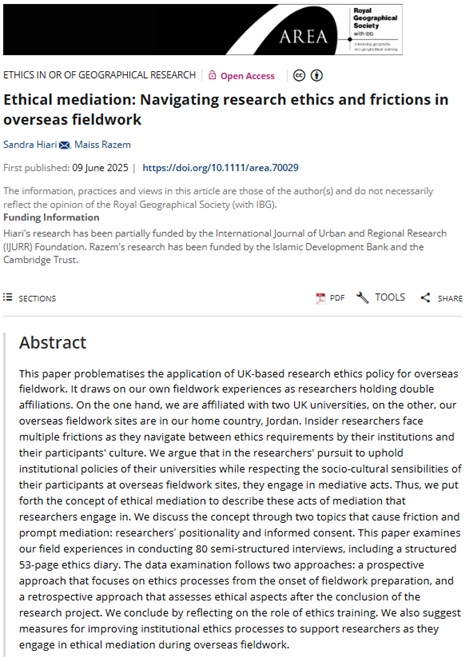 RGS_IBGhe's tweet image. 🔊New ETHICS IN OR OF GEOGRAPHICAL RESEARCH paper published in Area by @sandra_hiari (@UniofOxford) and Maiss Razem (@HTUjo)🔊
'Ethical mediation: Navigating research ethics and frictions in overseas fieldwork' #OpenAccess
doi.org/10.1111/area.7…