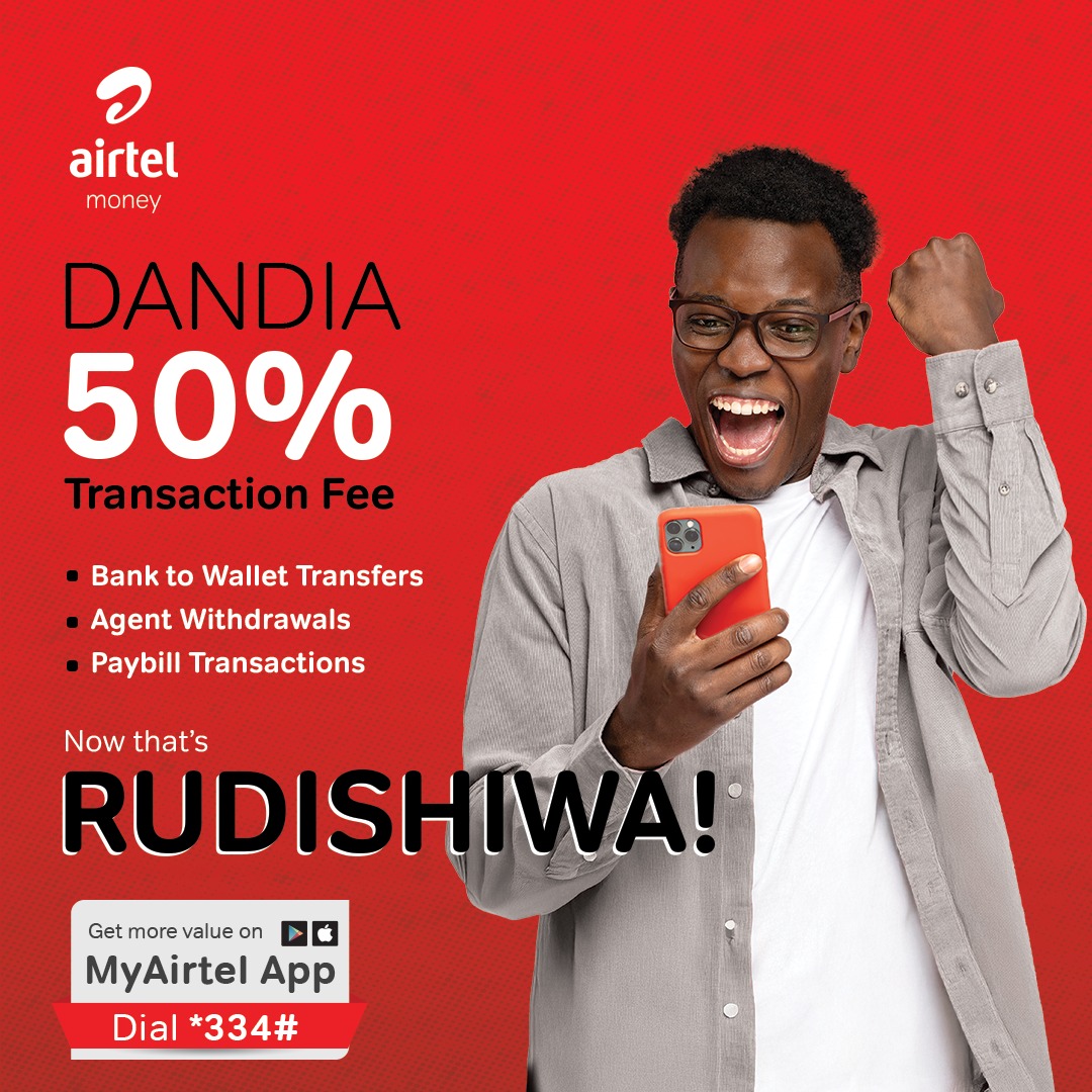 AIRTEL_KE's tweet image. Rudishiwa 50% transaction fee kama airtime every time you transfer money from Bank to Airtel Money wallet, withdraw cash at Airtel Money agents or make payments on any Airtel Paybill.
Dial *334# or use MyAirtel App bit.ly/2C8nPCy to transact.