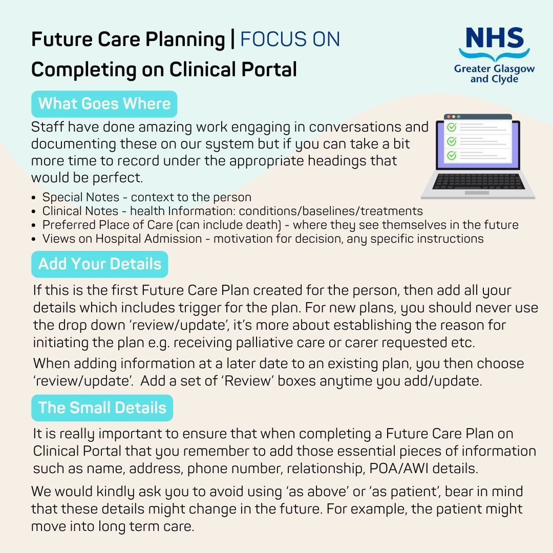 Future Care Plans on Clinical Portal continue to increase and we are delighted to see so many @nhsggc staff engage in conversations and record these 👏👏👏 

At the end of the day, information no matter where is valuable 📝

Future Care Plan Summary PDF 👉 nhsggc.org.uk/media/272221/i…
