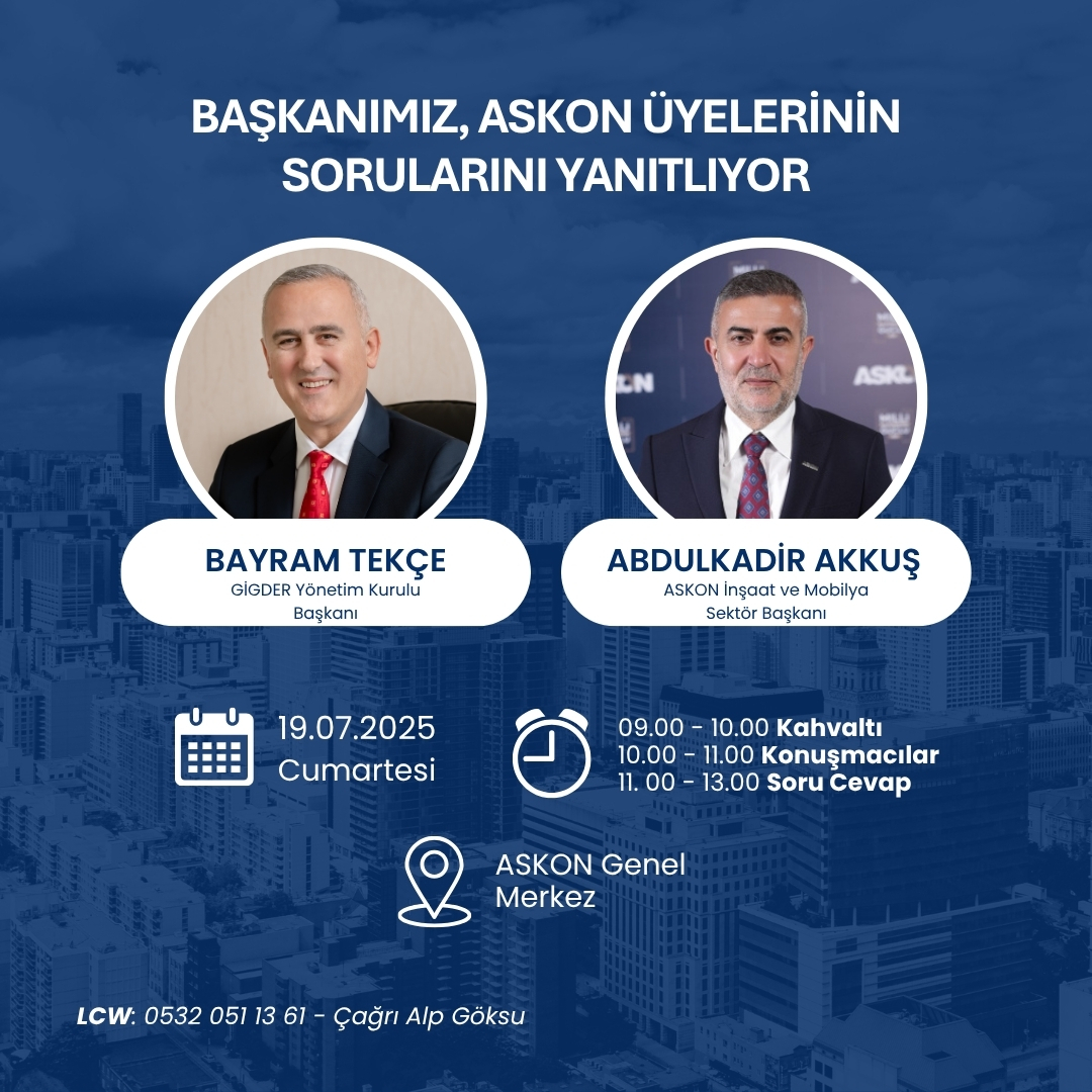 Başkanımız Bayram Tekçe (<a href="/btekce/">Bayram Tekçe</a>), 19 Temmuz Cumartesi saat 09.00'da <a href="/ASKON/">ASKON 🇹🇷</a>'un daveti üzerine derneğin inşaat ve gayrimenkul sektör üyelerinin uluslararası yatırımcıya gayrimenkul satışıyla ilgili sorularını yanıtlayacaktır.

#gigder #askon #gayrimenkul