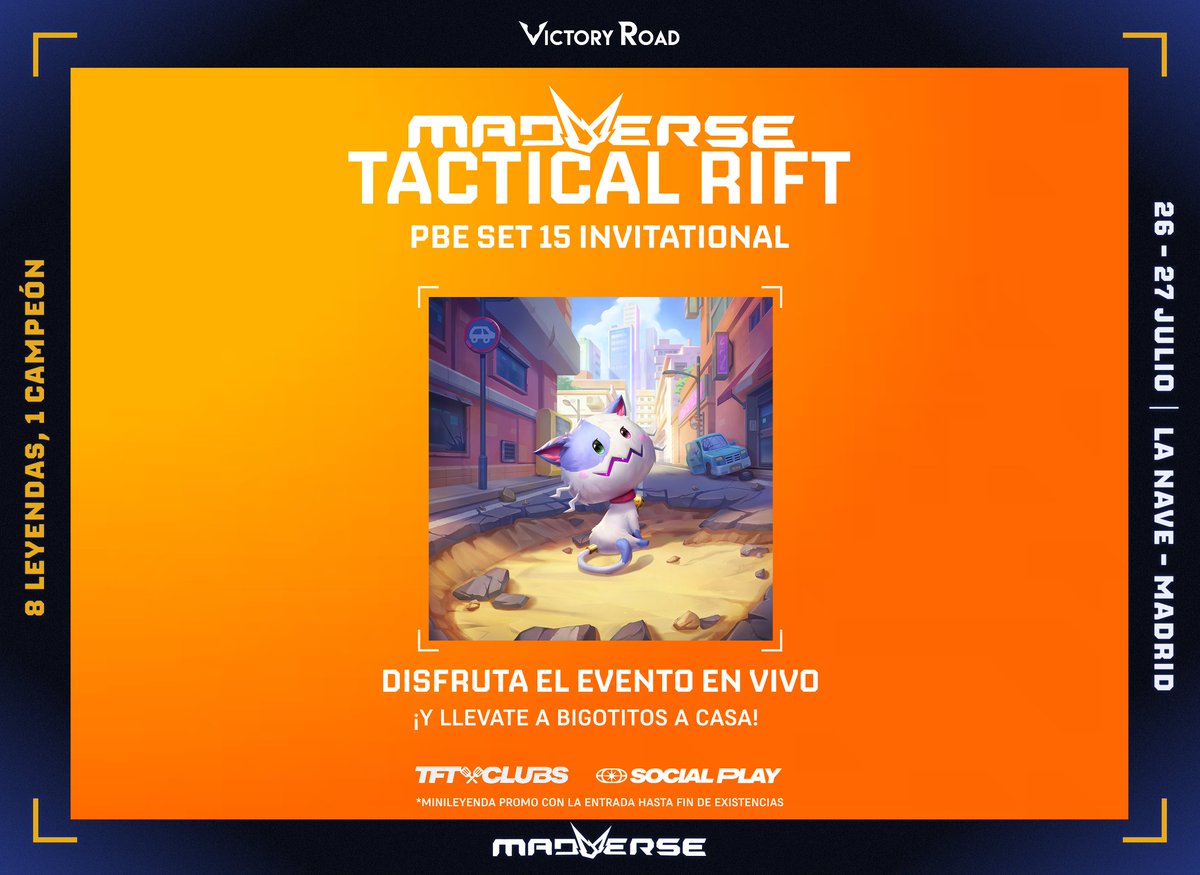 Madverse (@madverse_es) on Twitter photo ¿Te lo pasaste bien en nuestro clasificatorio online de Teamfight Tactics? 🦊
Gracias a <a href="/TFT_ES/">Teamfight Tactics ES</a> si vienes a ver la gran final invitacional en directo, ¡Te puedes llevar una minileyenda promo de Bigotitos a casa! 😺
¡Consigue ya tu entrada!
🎫Entradas: my.weezevent.com/madverse-2025-… ¿Te lo pasaste bien en nuestro clasificatorio online de Teamfight Tactics? 🦊
Gracias a <a href="/TFT_ES/">Teamfight Tactics ES</a> si vienes a ver la gran final invitacional en directo, ¡Te puedes llevar una minileyenda promo de Bigotitos a casa! 😺
¡Consigue ya tu entrada!
🎫Entradas: my.weezevent.com/madverse-2025-…