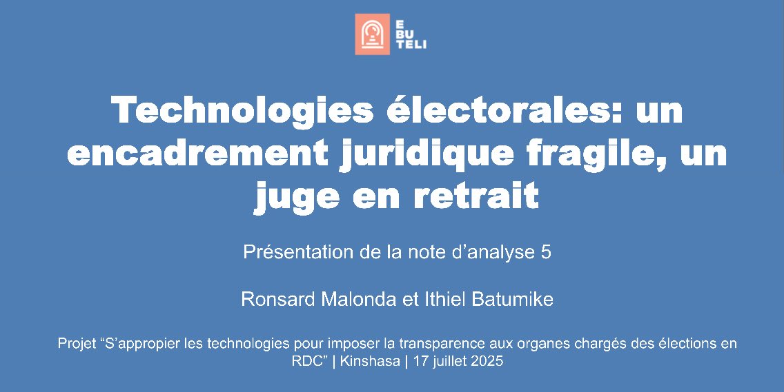Ebuteli (@ebuteli) on Twitter photo 💻 Intervention d’Ithiel Batumike (en ligne) | #AtelierTechnologiesÉlectoralesRDC
🎙️ <a href="/IthielBatumike/">Ithiel BATUMIKE M.</a> a présenté une analyse fine de l’encadrement juridique des technologies électorales en #RDC et du rôle du juge. 💻 Intervention d’Ithiel Batumike (en ligne) | #AtelierTechnologiesÉlectoralesRDC
🎙️ <a href="/IthielBatumike/">Ithiel BATUMIKE M.</a> a présenté une analyse fine de l’encadrement juridique des technologies électorales en #RDC et du rôle du juge.