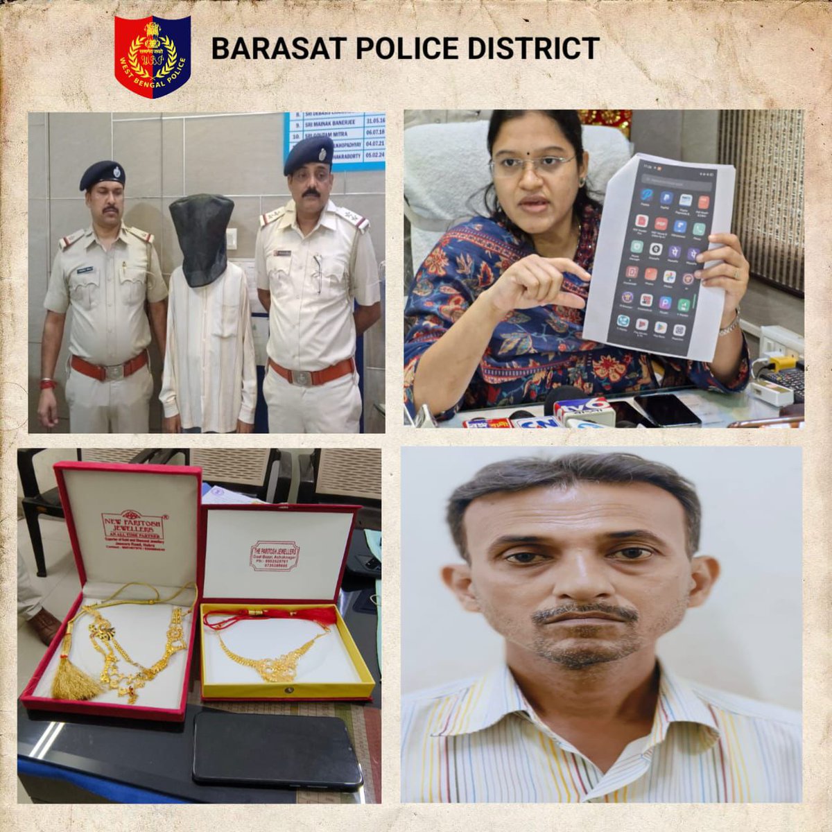 "Habra PS busts jewelry scam!
Rathindranath Manna arrested for duping New Paritosh Jewellers &amp; The Paritosh Jewellers of gold ornaments worth Rs 3.92 lakh using fake "Phone Pe" clone apk. Recovered items include gold necklaces &amp; mobile phone. 

#BarasatPoliceDistrict #Barasat