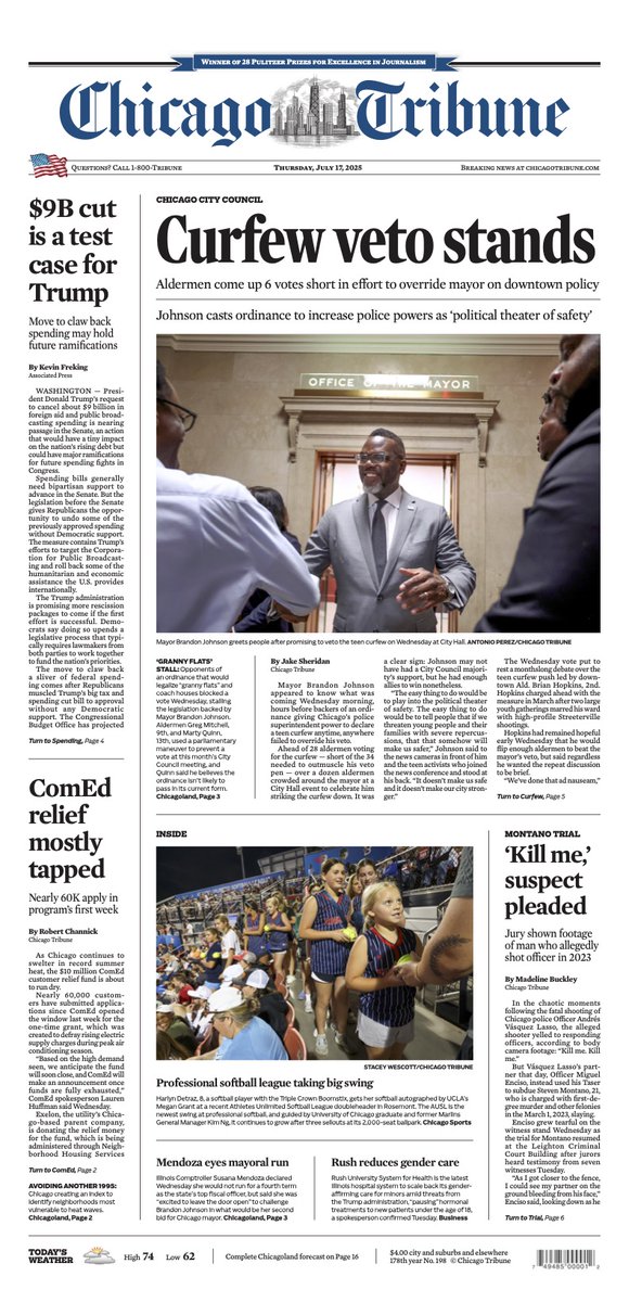 The front page of today's Chicago Tribune. Read the e-edition here: chicagotribune.com/enewspaper