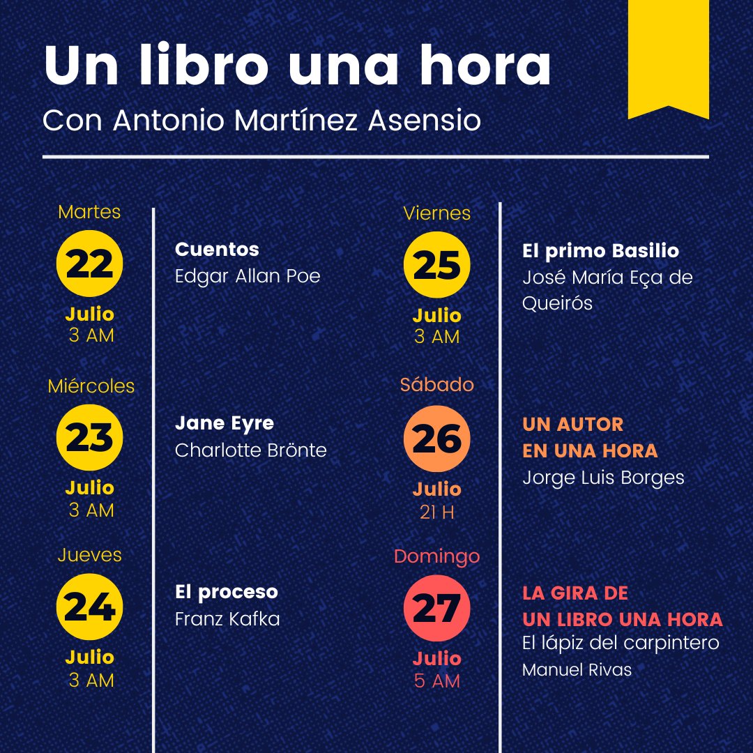 ¡Nueva semana de radio y literatura! 😍

🏖️ En la playa, en la montaña o en la gran ciudad. Da igual donde estés: no te pierdas ningún programa este verano. 

👇👀Esto es lo que nos espera los próximos días: